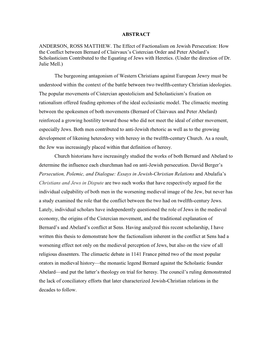 How the Conflict Between Bernard of Clairvaux’S Cistercian Order and Peter Abelard’S Scholasticism Contributed to the Equating of Jews with Heretics