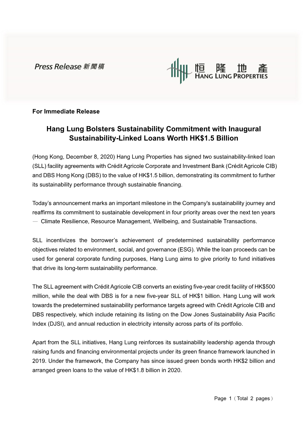 Hang Lung Bolsters Sustainability Commitment with Inaugural Sustainability-Linked Loans Worth HK$1.5 Billion
