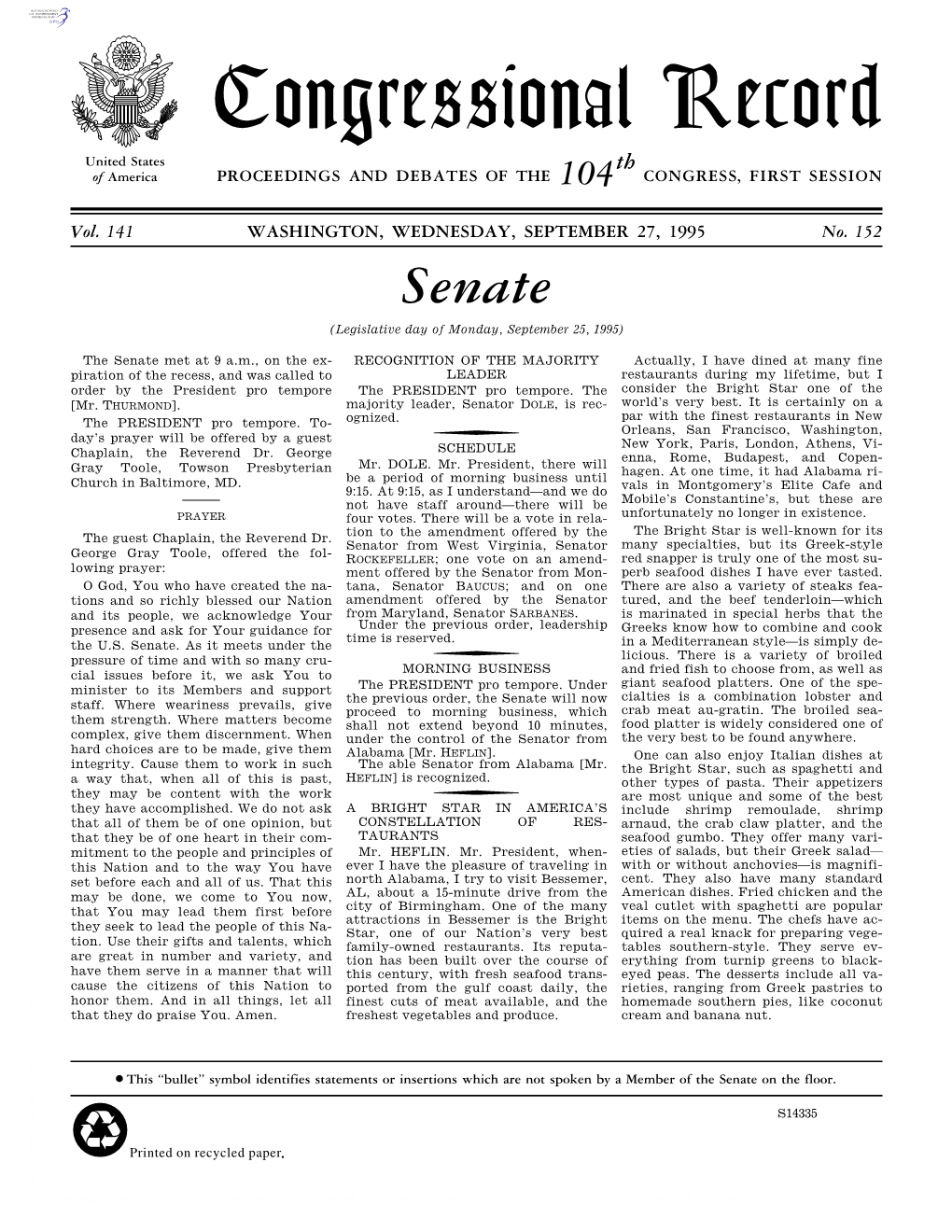 Congressional Record United States Th of America PROCEEDINGS and DEBATES of the 104 CONGRESS, FIRST SESSION