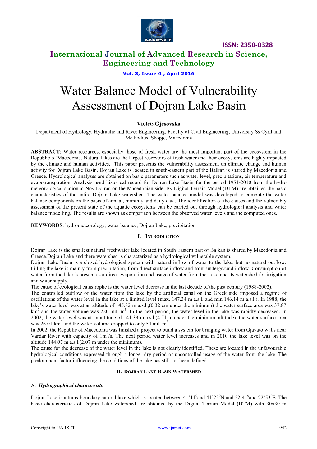 Water Balance Model of Vulnerability Assessment of Dojran Lake Basin