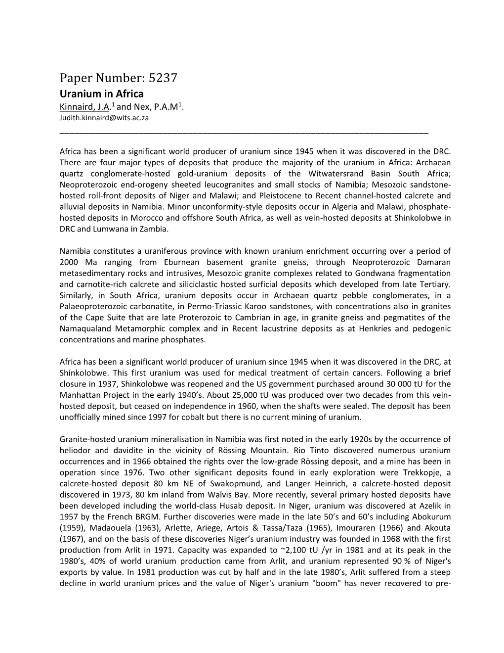 Paper Number: 5237 Uranium in Africa Kinnaird, J.A.1 and Nex, P.A.M1