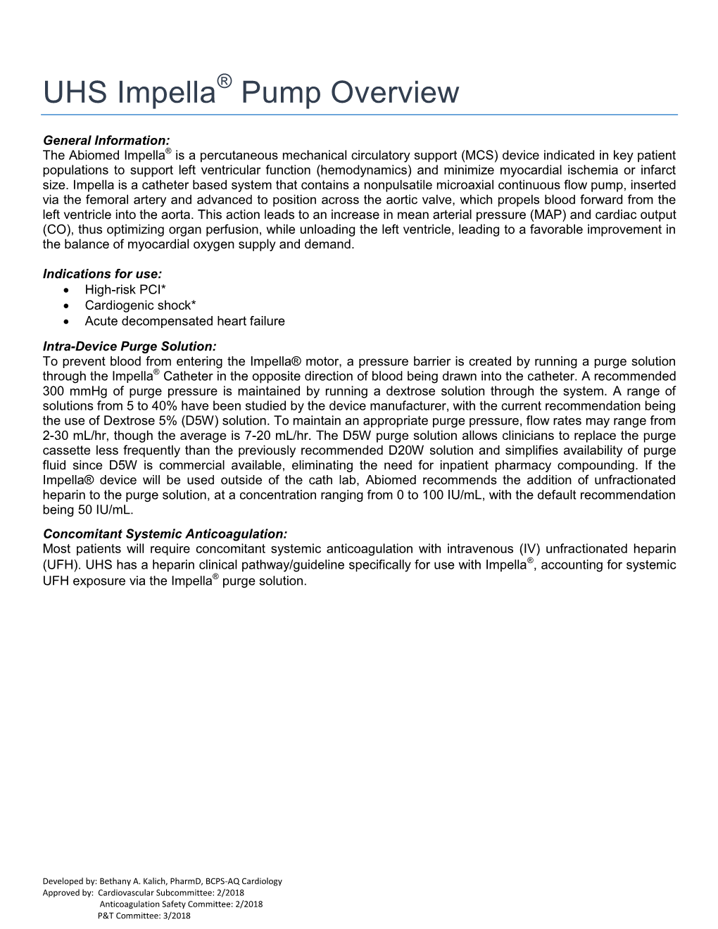 Adult Impella Catheter Unfractionated Heparin Infusion Protocol