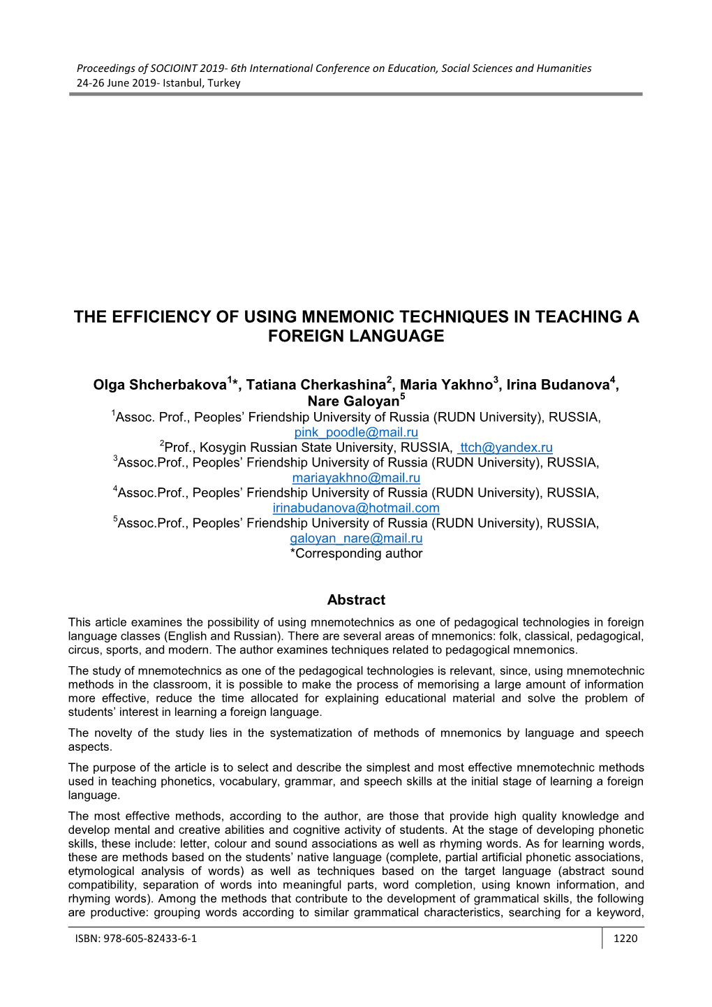 The Efficiency of Using Mnemonic Techniques in Teaching a Foreign Language