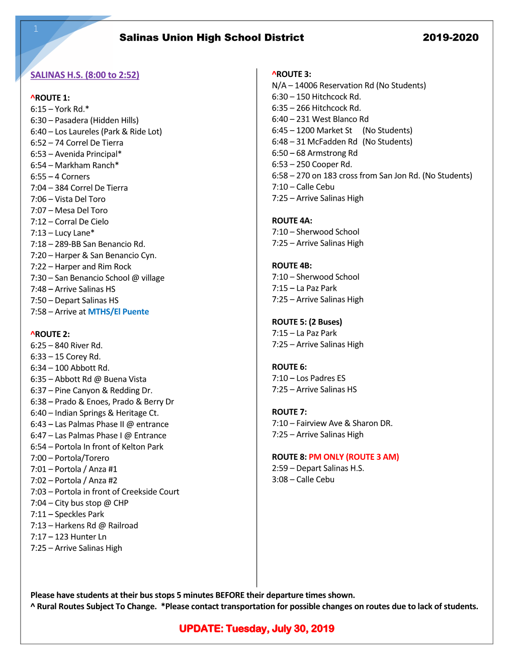 2019-20 SUHSD Bus Routes