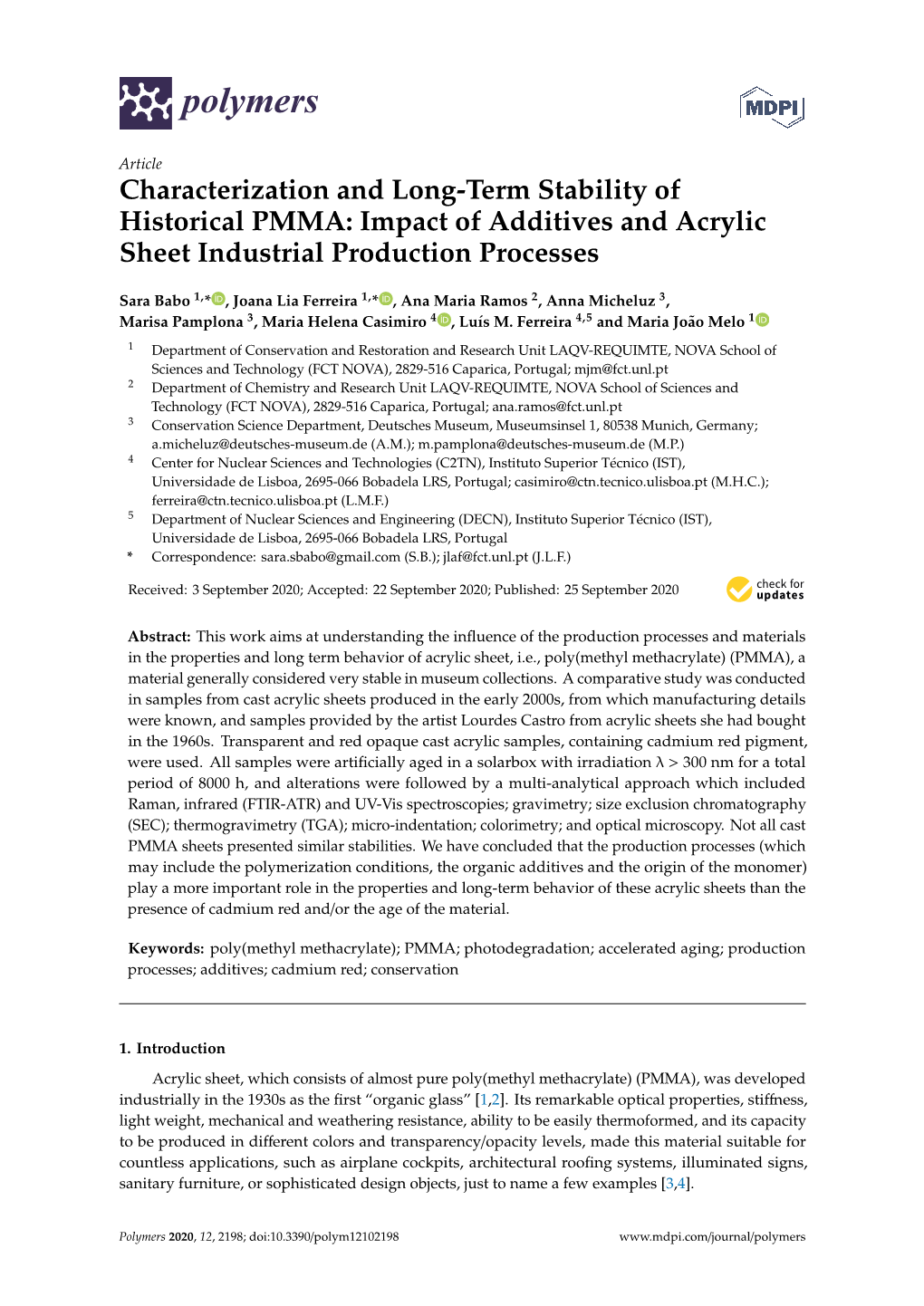 Characterization and Long-Term Stability of Historical PMMA: Impact of Additives and Acrylic Sheet Industrial Production Processes