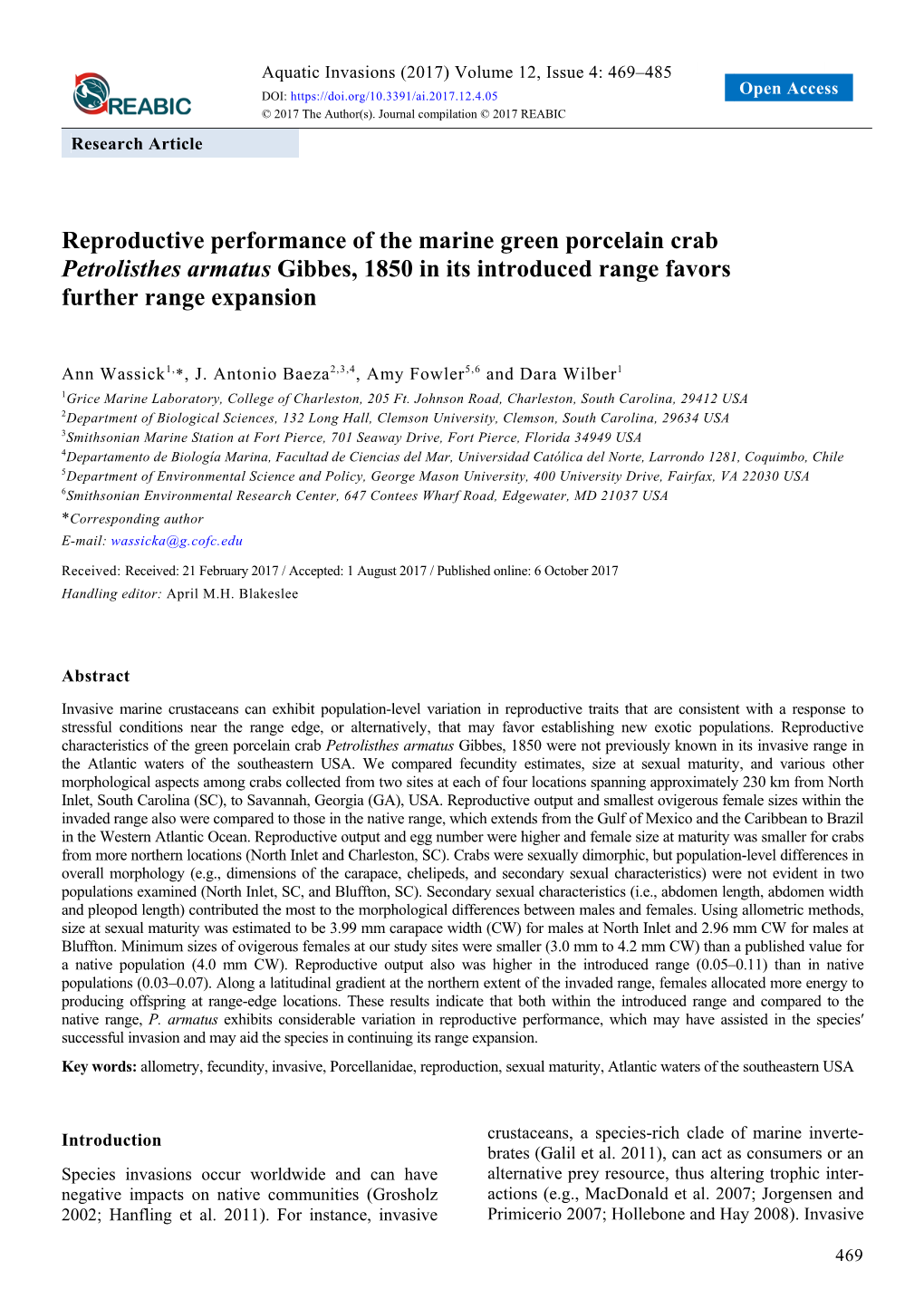 Reproductive Performance of the Marine Green Porcelain Crab Petrolisthes Armatus Gibbes, 1850 in Its Introduced Range Favors Further Range Expansion