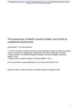 The Closed Form of Mad2 Is Bound to Mad1 and Cdc20 at Unattached Kinetochores
