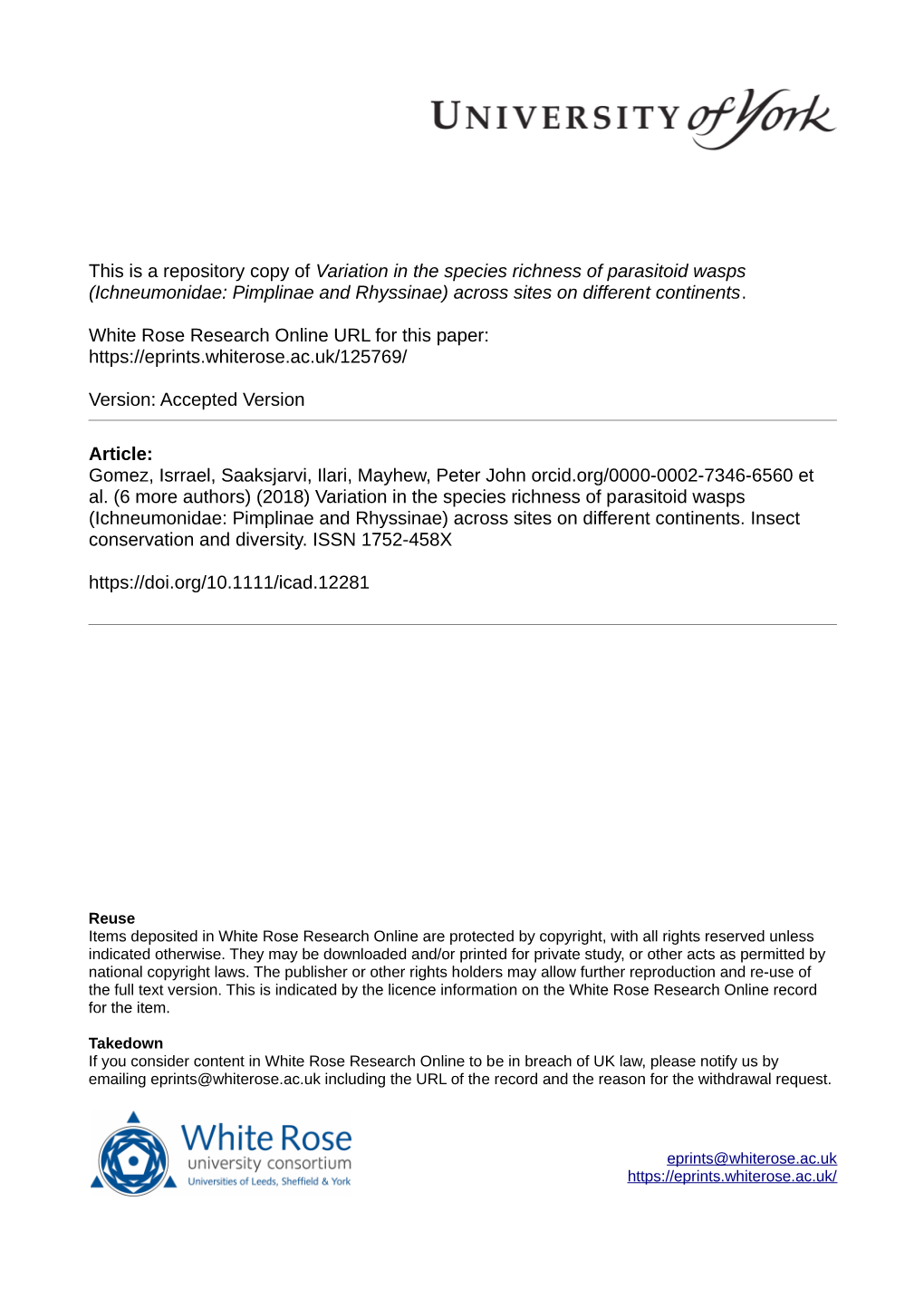 Variation in the Species Richness of Parasitoid Wasps (Ichneumonidae: Pimplinae and Rhyssinae) Across Sites on Different Continents