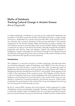 Myths of Katabasis: Tracking Cultural Change in Ancient Greece Anna Clayworth