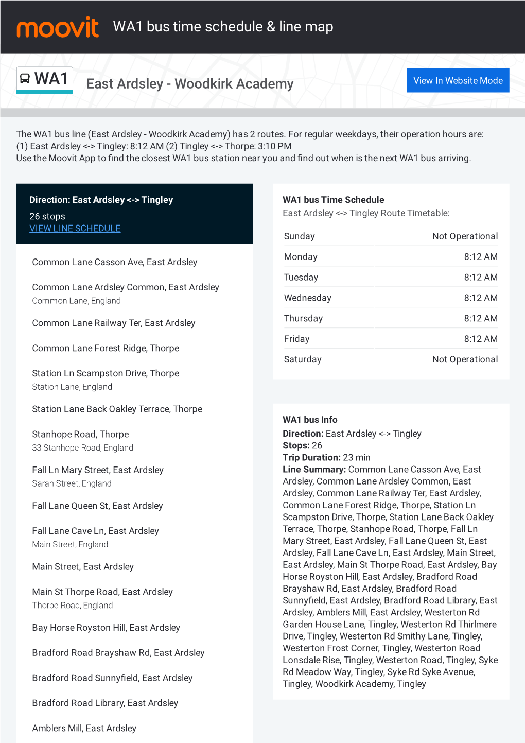 WA1 Bus Time Schedule & Line Route