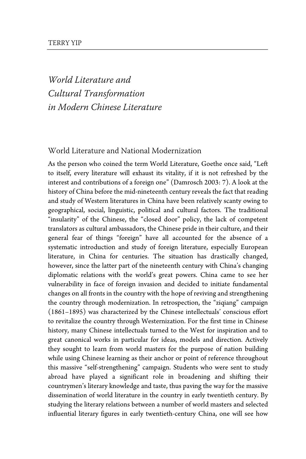 World Literature and Cultural Transformation in Modern Chinese Literature