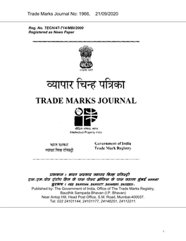 Trade Marks Journal No: 1966, 21/09/2020 P`Kasana : Baart Sarkar Vyaapar Icanh Rijast/I Esa.Ema.Raod Emta^P Ihla Ko Pasa Paos
