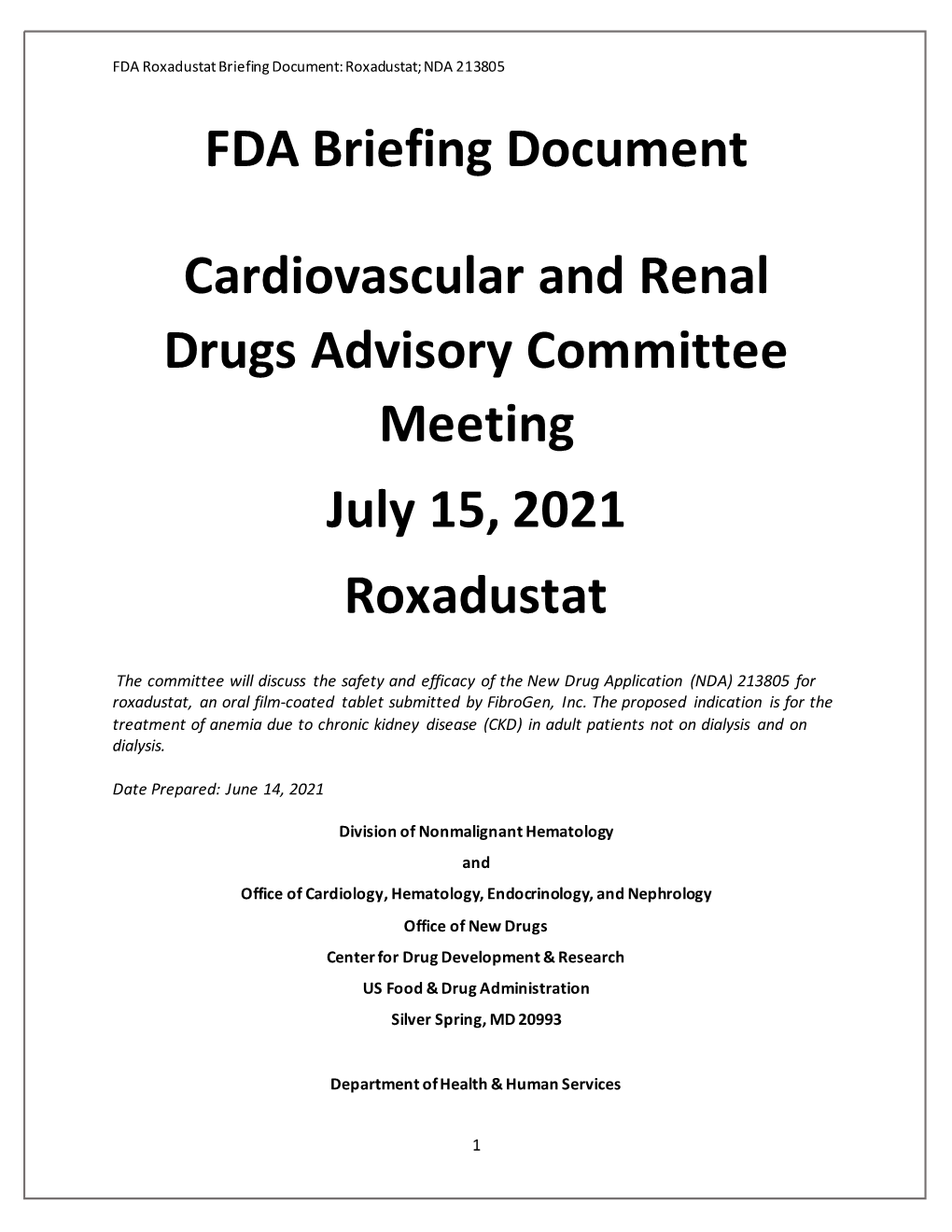 FDA Briefing Document Cardiovascular and Renal Drugs