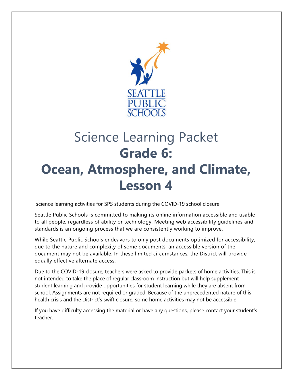 Science Learning Packet Grade 6: Ocean, Atmosphere, and Climate, Lesson 4