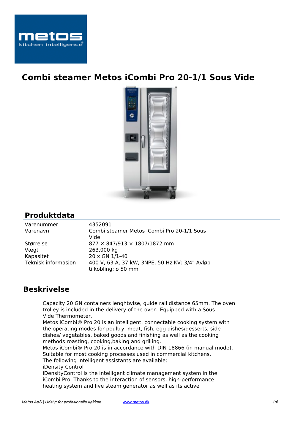 Combi Steamer Metos Icombi Pro 20-1/1 Sous Vide