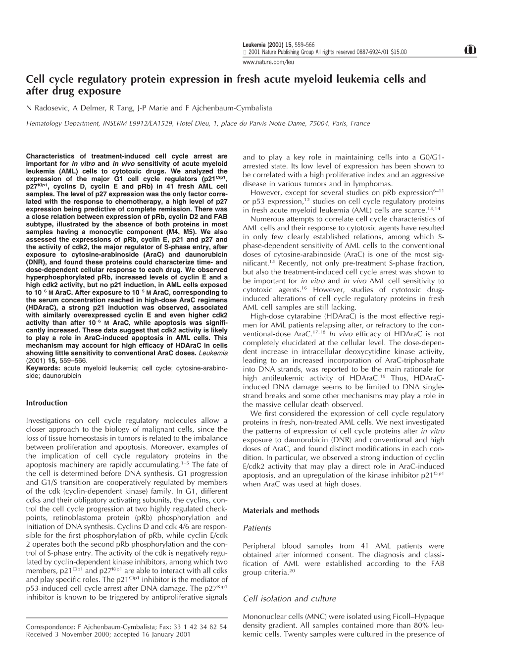 Cell Cycle Regulatory Protein Expression in Fresh Acute Myeloid