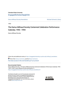 The Darius Milhaud Society Centennial Celebration Performance Calendar, 1993 - 1994