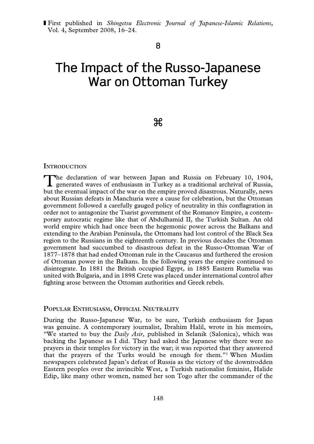 The Impact of the Russo-Japanese War on Ottoman Turkey