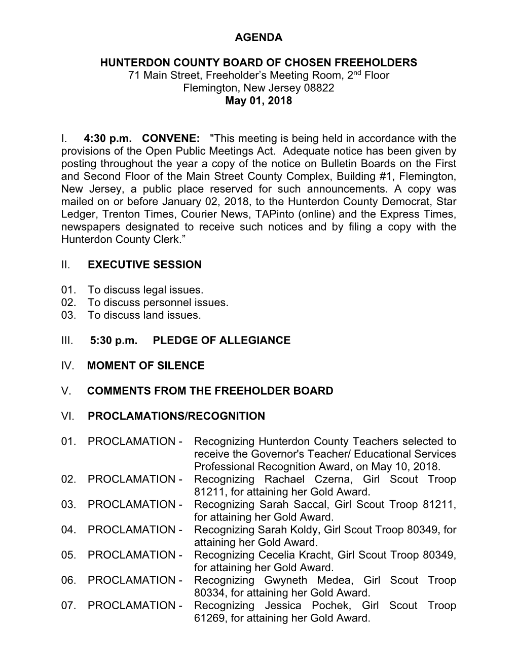 Agenda Hunterdon County Board Of