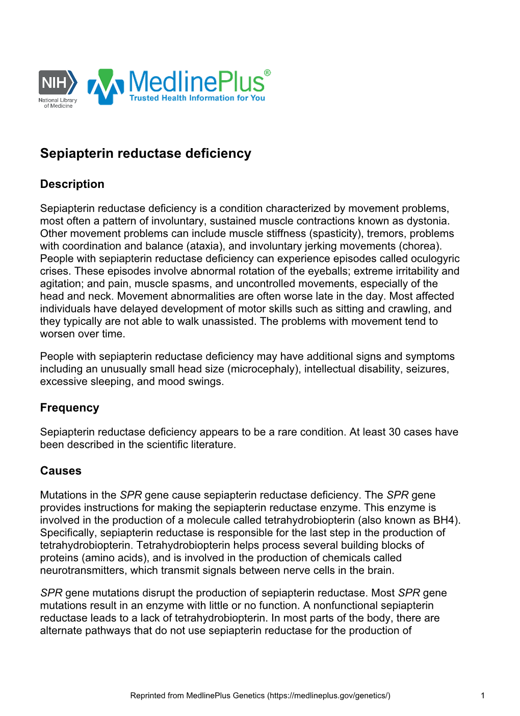 Sepiapterin Reductase Deficiency