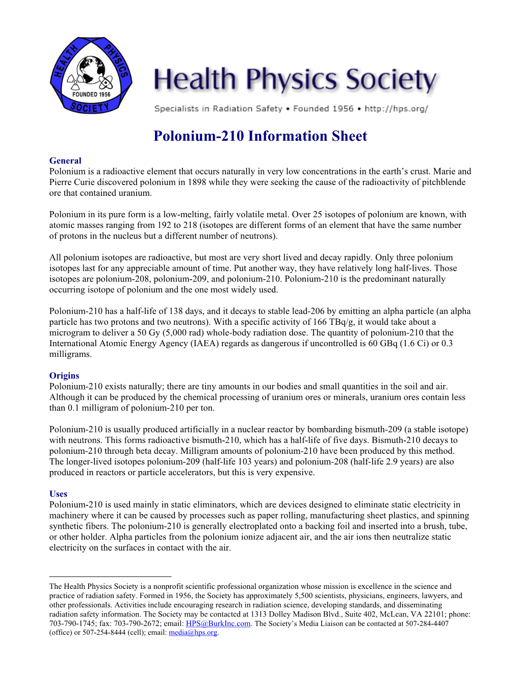 Polonium-210 Information Sheet