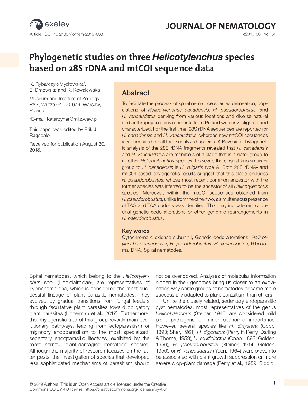 JOURNAL of NEMATOLOGY Phylogenetic Studies on Three