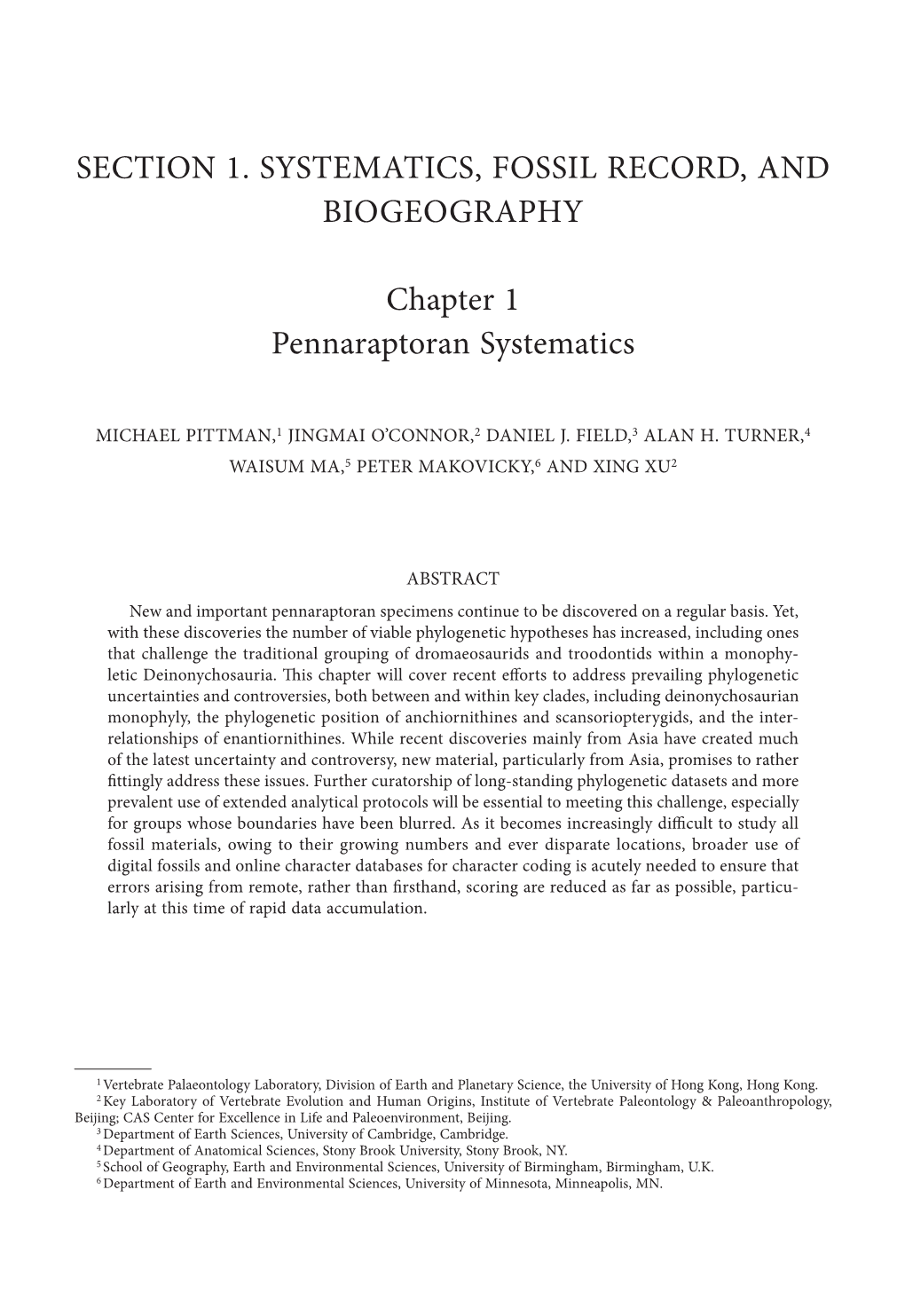 Section 1. Systematics, Fossil Record, and Biogeography