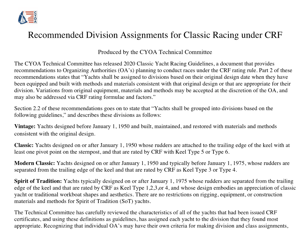 Recommended Division Assignments for Classic Racing Under CRF