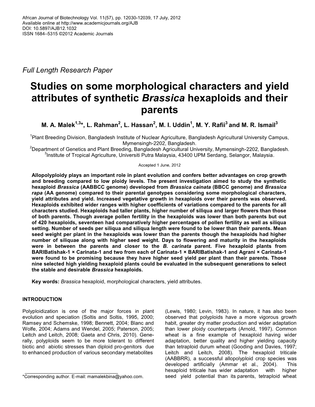 Studies on Some Morphological Characters and Yield Attributes of Synthetic Brassica Hexaploids and Their Parents