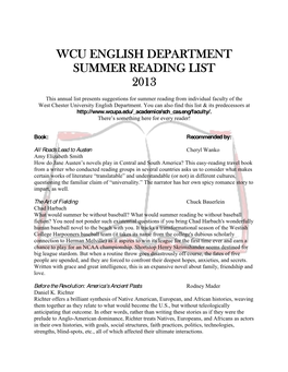 Wcu English Department Summer Reading List 2013