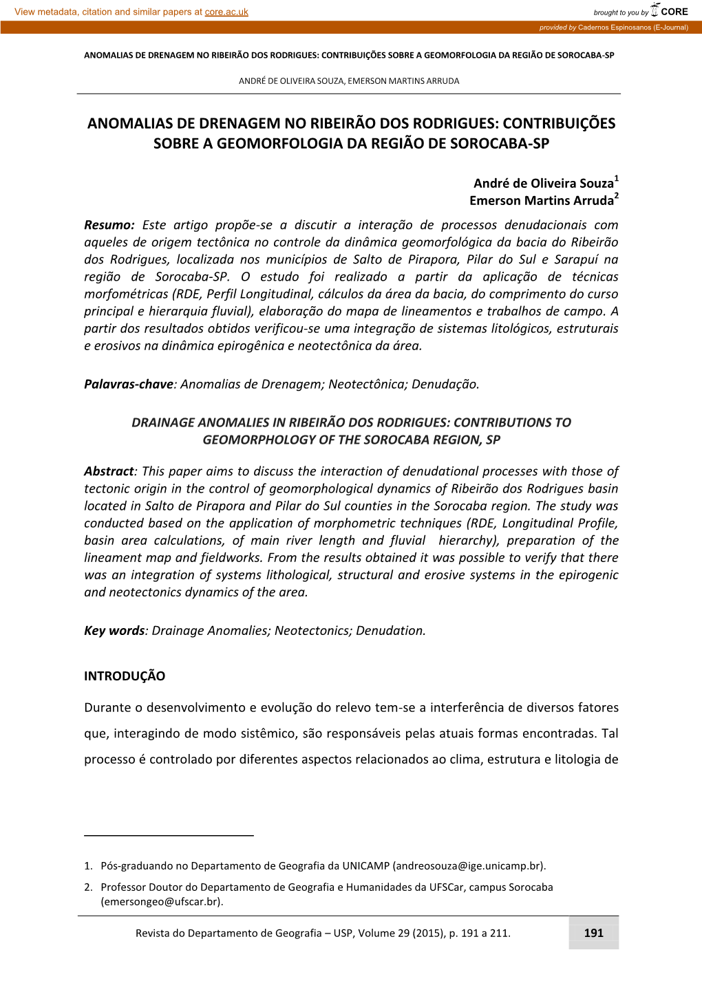 Contribuições Sobre a Geomorfologia Da Região De Sorocaba-Sp