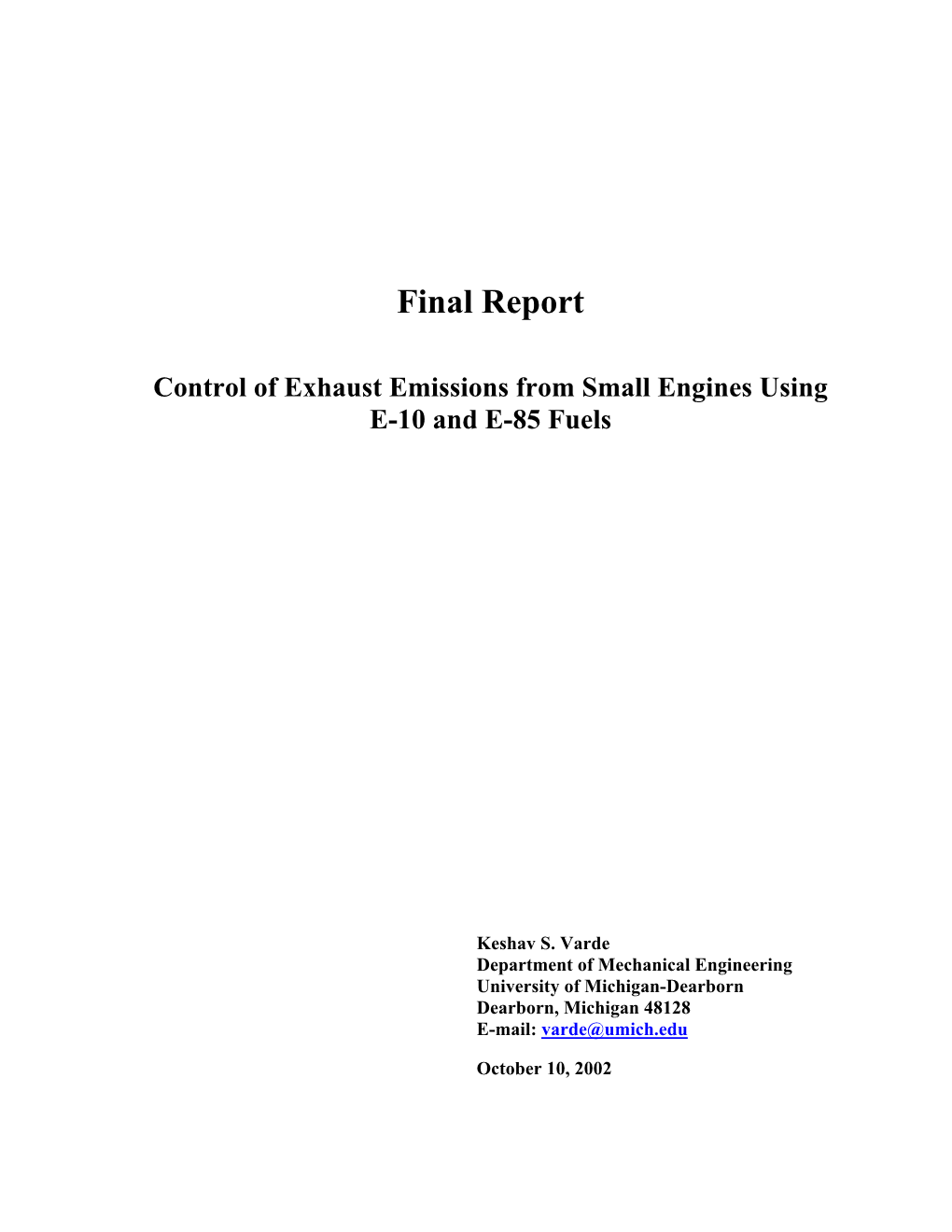 Final Report Control of Exhaust Emissions From