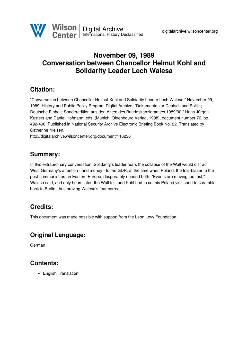 November 09, 1989 Conversation Between Chancellor Helmut Kohl and Solidarity Leader Lech Walesa