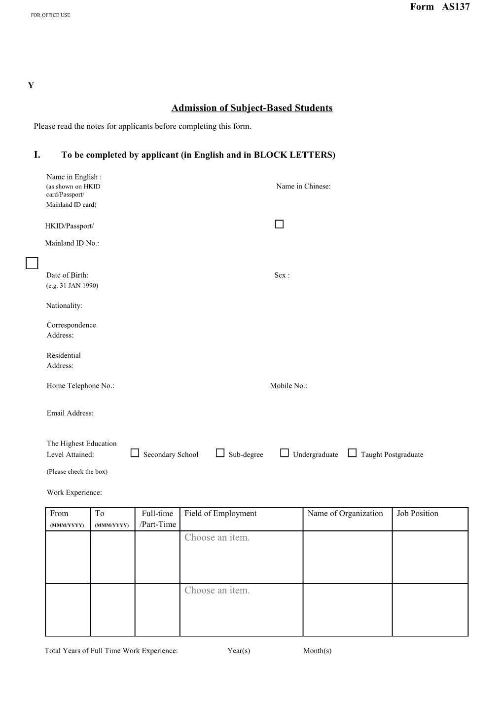 Admission of Subject-Based Students