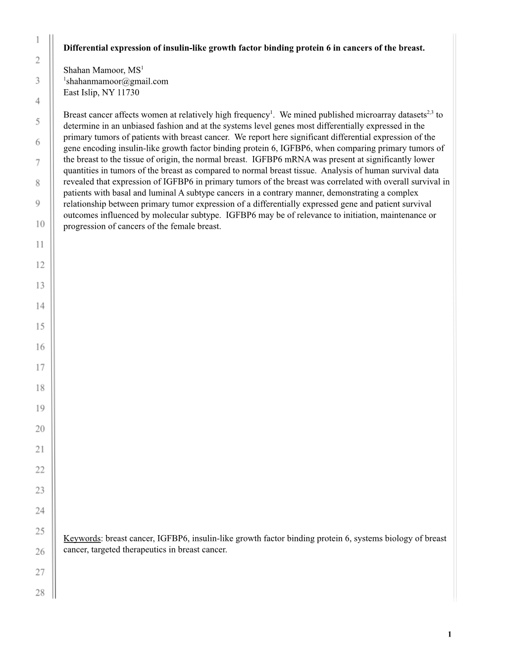 Differential Expression of IGFBP6 in Cancers of the Breast