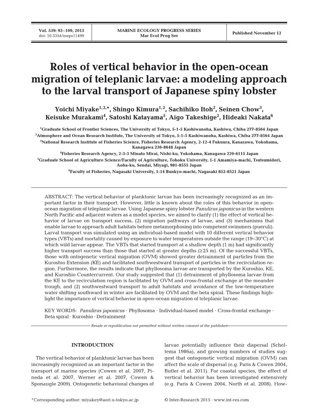 Roles of Vertical Behavior in the Open-Ocean Migration of Teleplanic Larvae: a Modeling Approach to the Larval Transport of Japanese Spiny Lobster