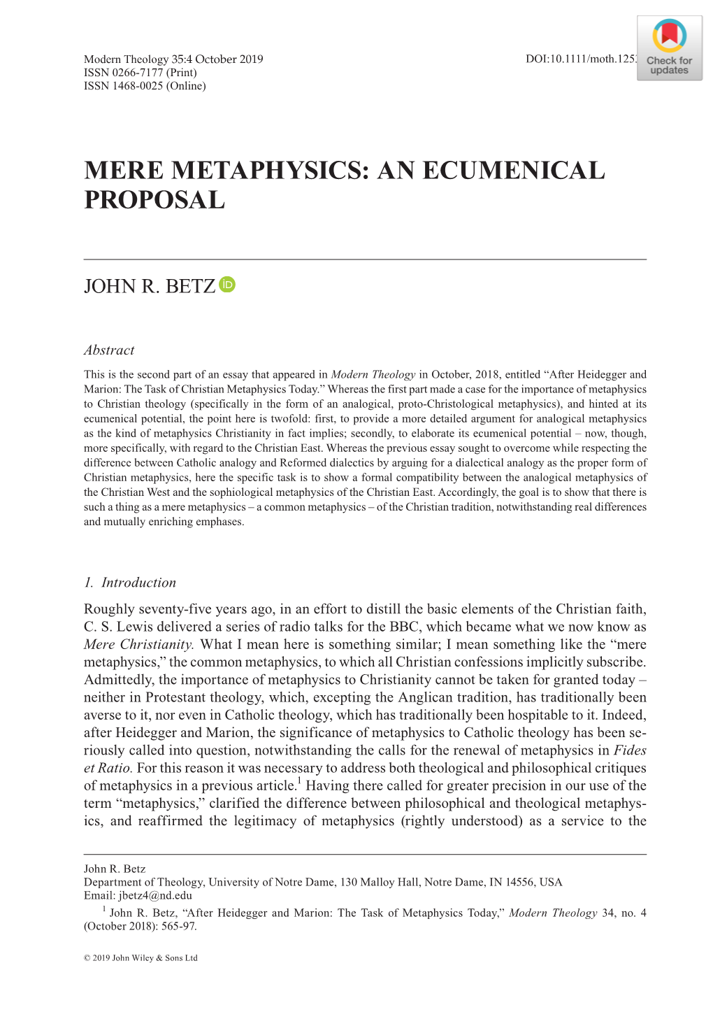 Mere Metaphysics: an Ecumenical Proposal