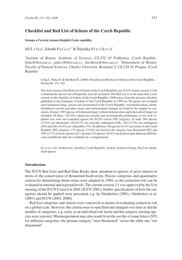 Checklist and Red List of Lichens of the Czech Republic