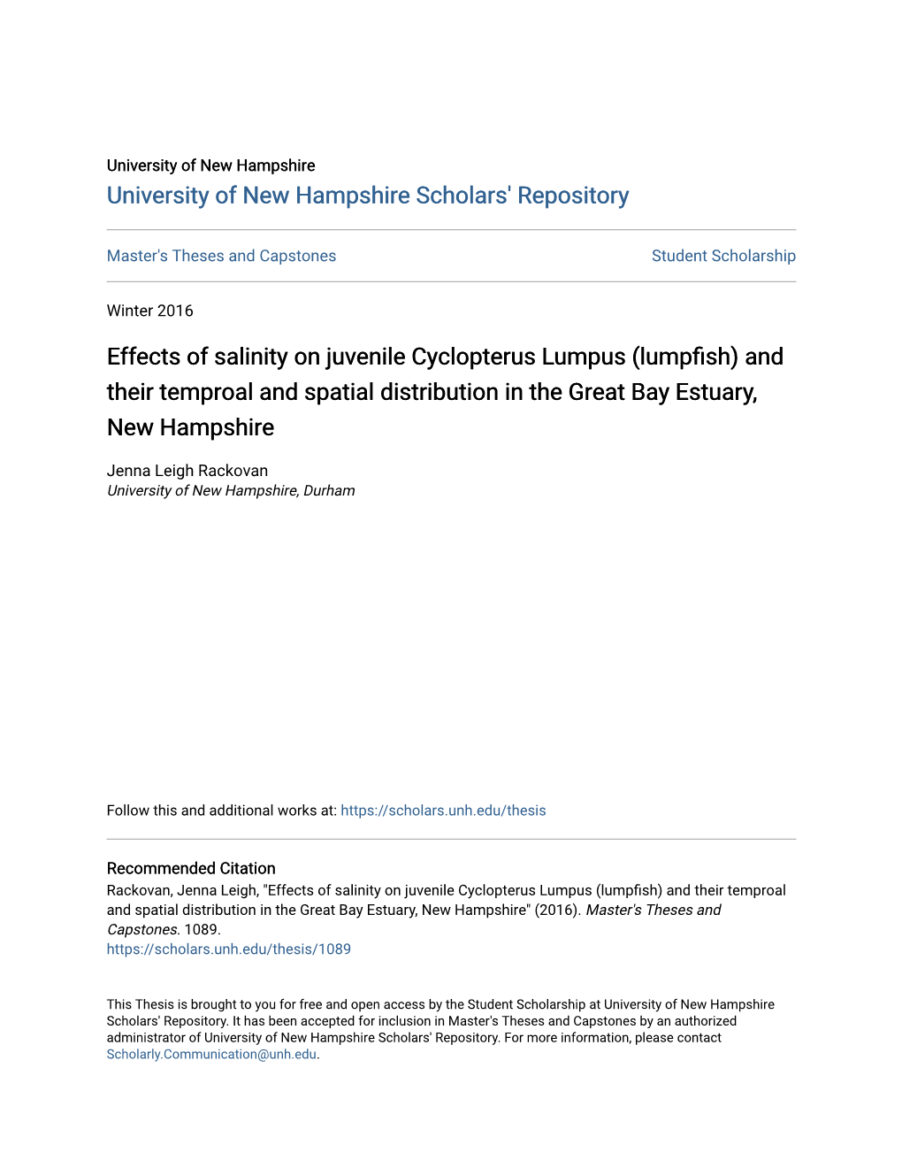 Effects of Salinity on Juvenile Cyclopterus Lumpus (Lumpfish) and Their Temproal and Spatial Distribution in the Great Bay Estuary, New Hampshire