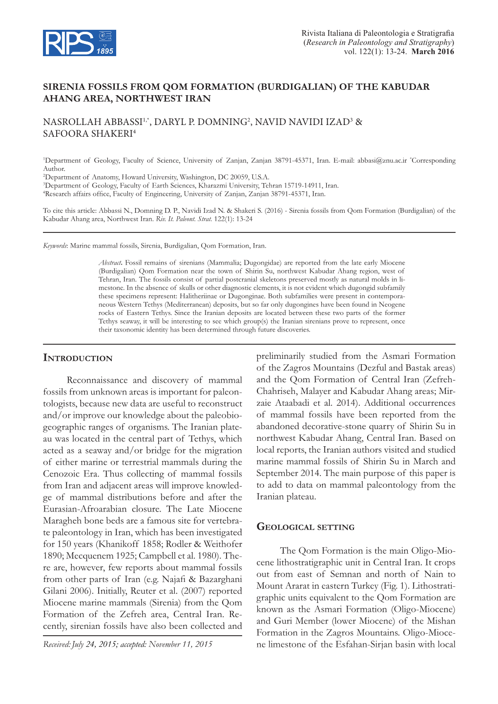 Sirenia Fossils from Qom Formation (Burdigalian) of the Kabudar Ahang Area, Northwest Iran