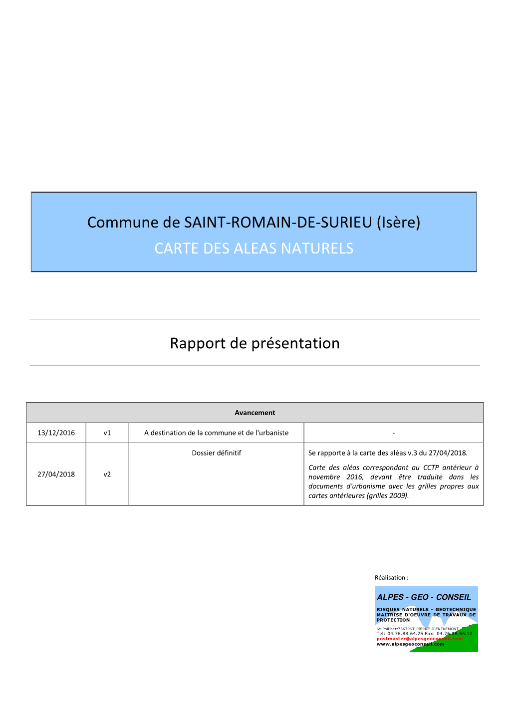 Rapport De Présentation Commune De SAINT-ROMAIN-DE-SURIEU