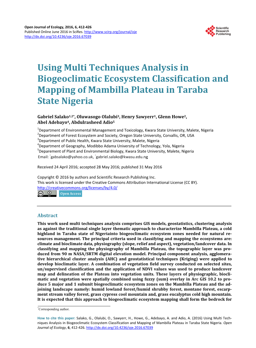 Using Multi Techniques Analysis in Biogeoclimatic Ecosystem Classification and Mapping of Mambilla Plateau in Taraba State Nigeria