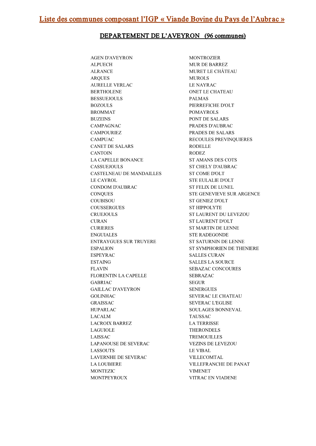 Liste Des Communes Composant L'igp « Viande