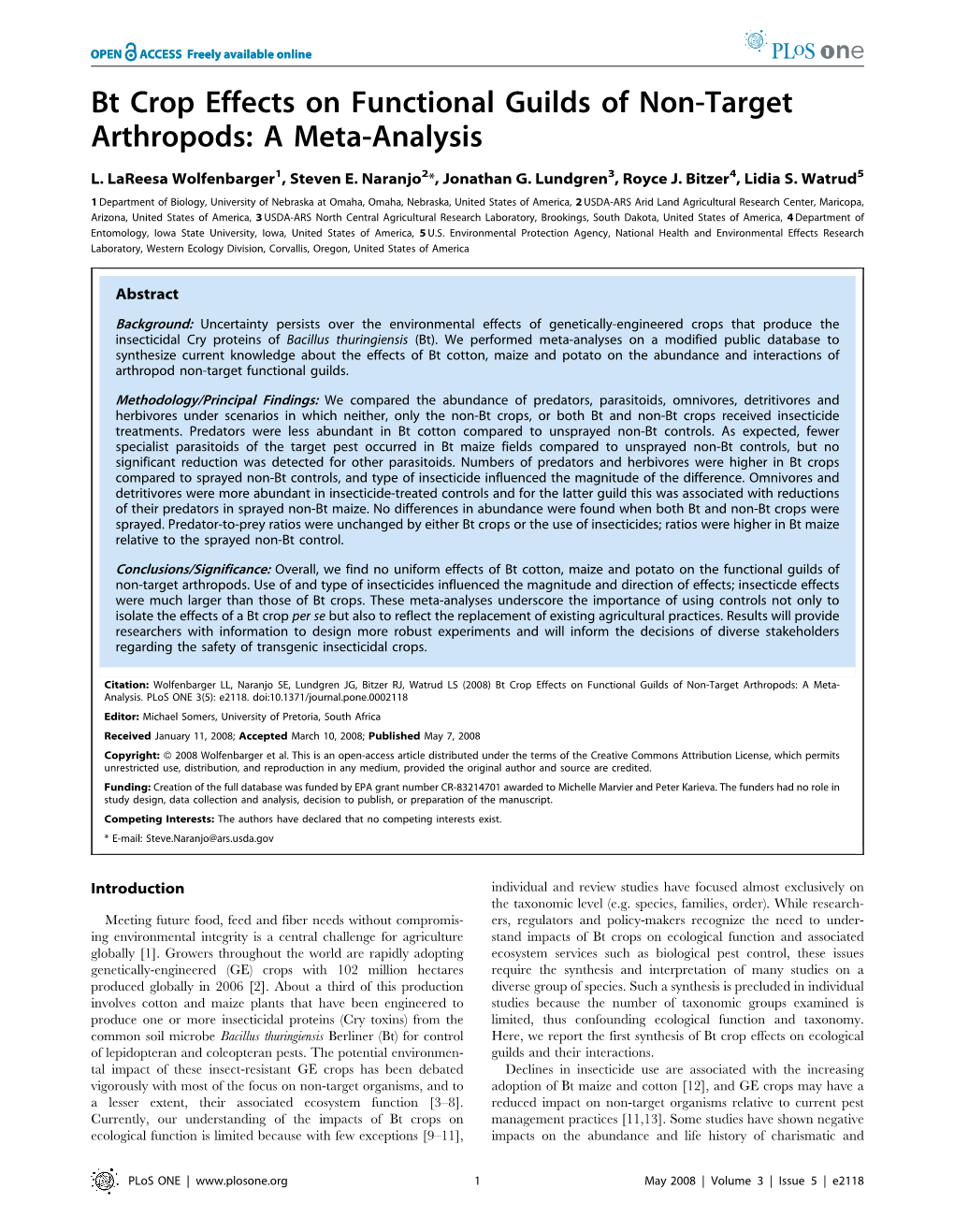 Bt Crop Effects on Functional Guilds of Non-Target Arthropods: a Meta-Analysis