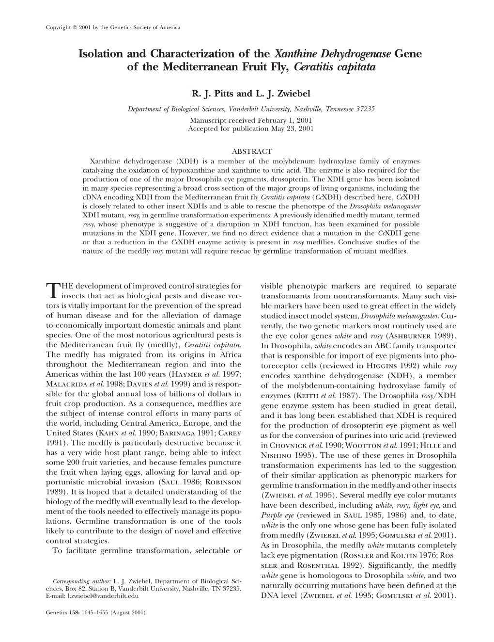 Isolation and Characterization of the Xanthine Dehydrogenase Gene of the Mediterranean Fruit Fly, Ceratitis Capitata