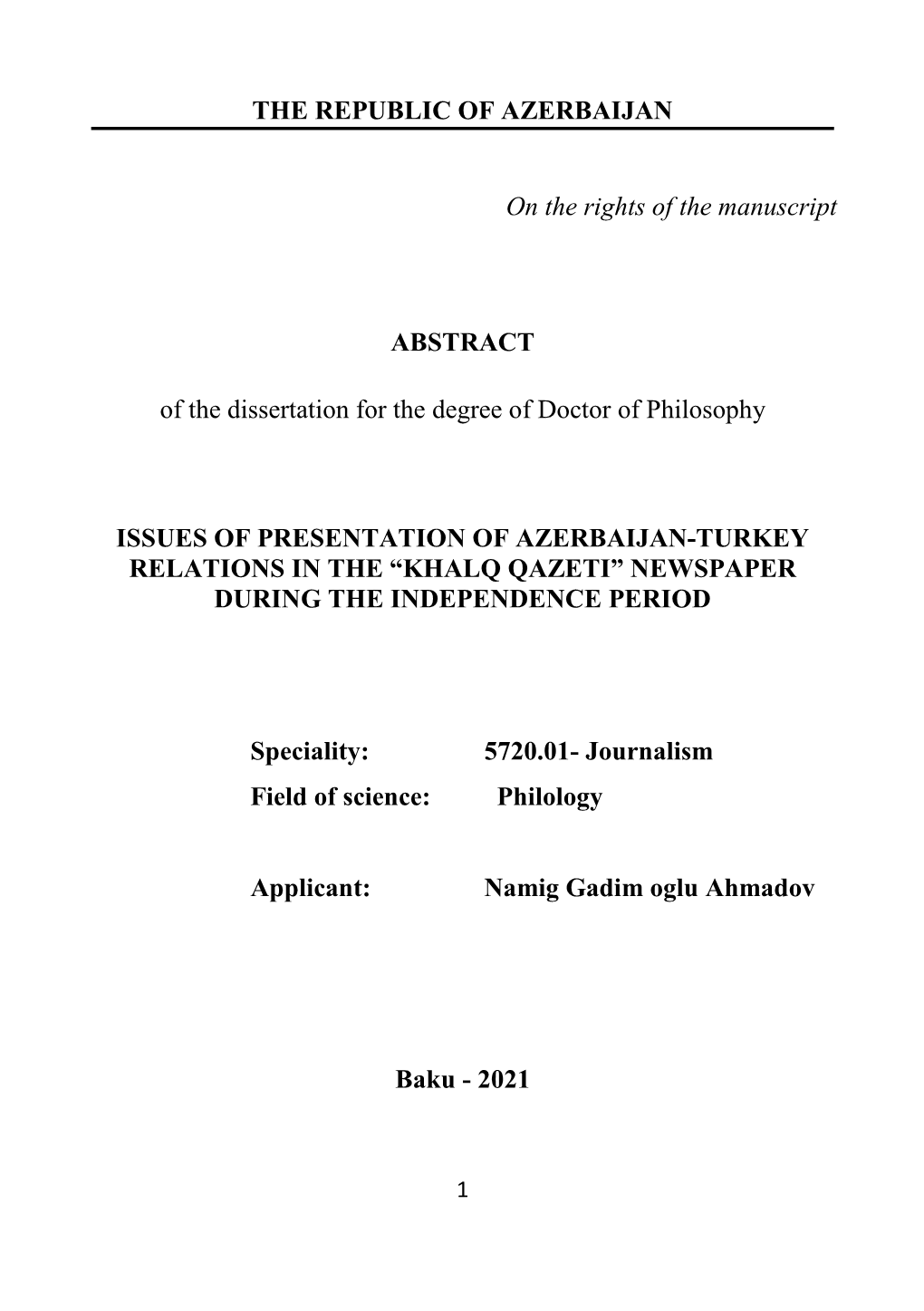 THE REPUBLIC of AZERBAIJAN on the Rights of the Manuscript