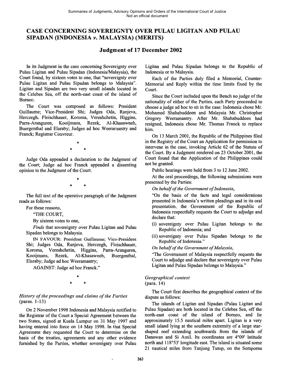 CASE CONCERNING SOVEREIGNTY OVER PULAU LIGITAN and PULAU SIPADAN (INDONESIA V