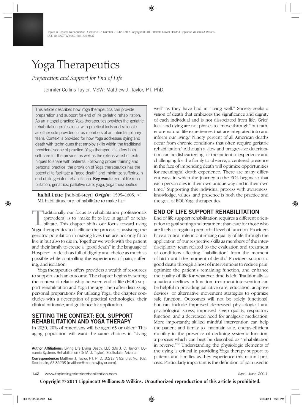 Yoga Therapeutics Preparation and Support for End of Life