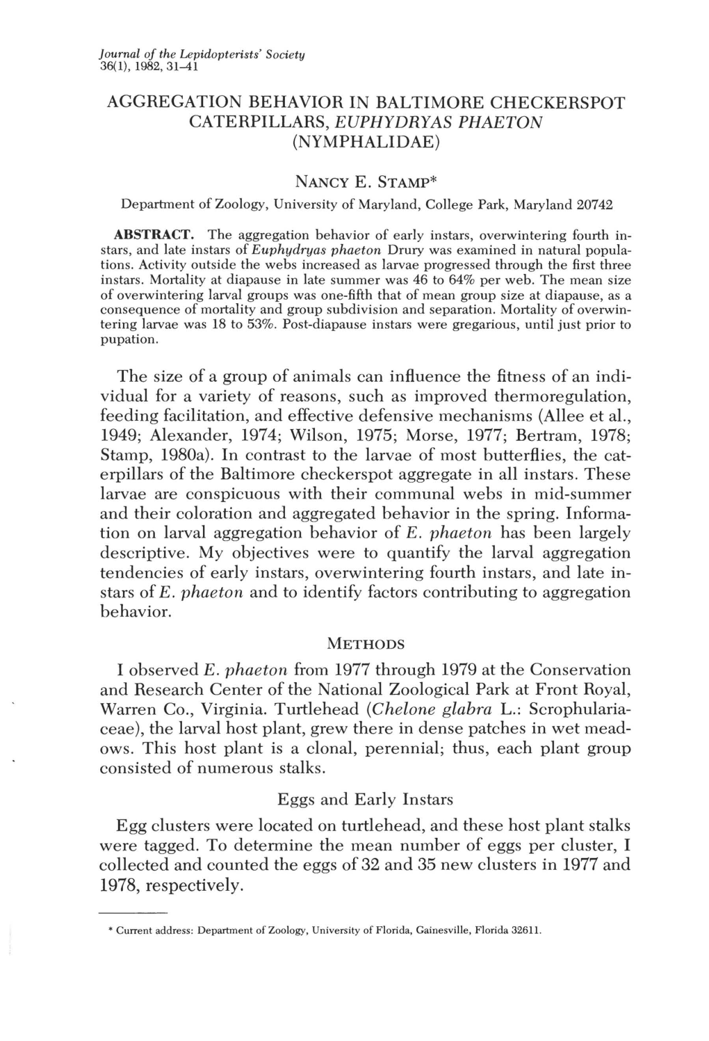 Aggregation Behavior in Baltimore Checkerspot Caterpillars, Euphydryas Phaeton (Nymphalidae)