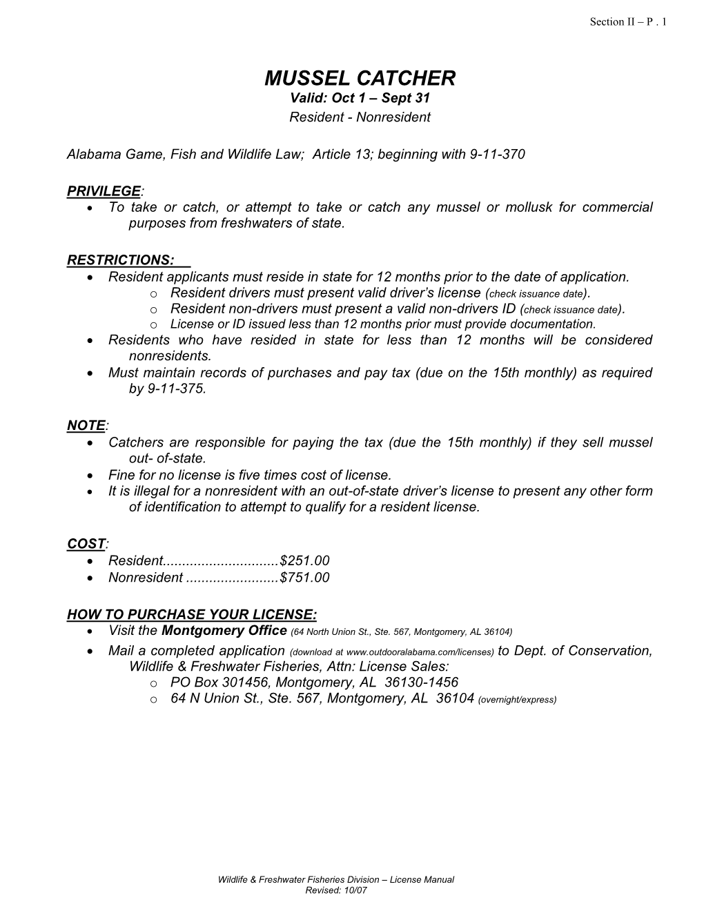 MUSSEL CATCHER Valid: Oct 1 – Sept 31 Resident - Nonresident